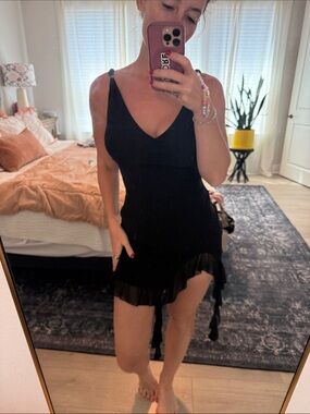 Women's Black V-Neck Ruffle Hem Slip Dress